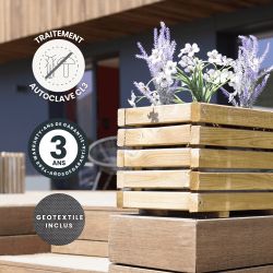 Bac à fleurs rectangle KUB avec des icônes signalant son traitement, sa garantie et son géotextile inclus