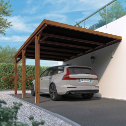 Carport adossable Victor, ambiance avec une voiture garée en dessous, adossé a une maison moderne