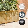 Zoom bac à fleurs en bois affichant sa garantie de 3 ans, son traitement autoclave classe 3 et son geotextile inclus
