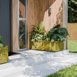 Bac à fleurs rectangulaire en bois avec des végétaux mise en situation devant une entrée de maison