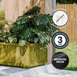 Zoom sur le bac à fleurs avec des icônes indiquant sa garantie de 3 ans, son traitement, et son geotextile inclus