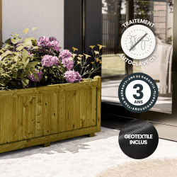 Zoom bac à fleurs avec icônes indiquant sa garantie 3 ans, son traitement et son géotextile inclus