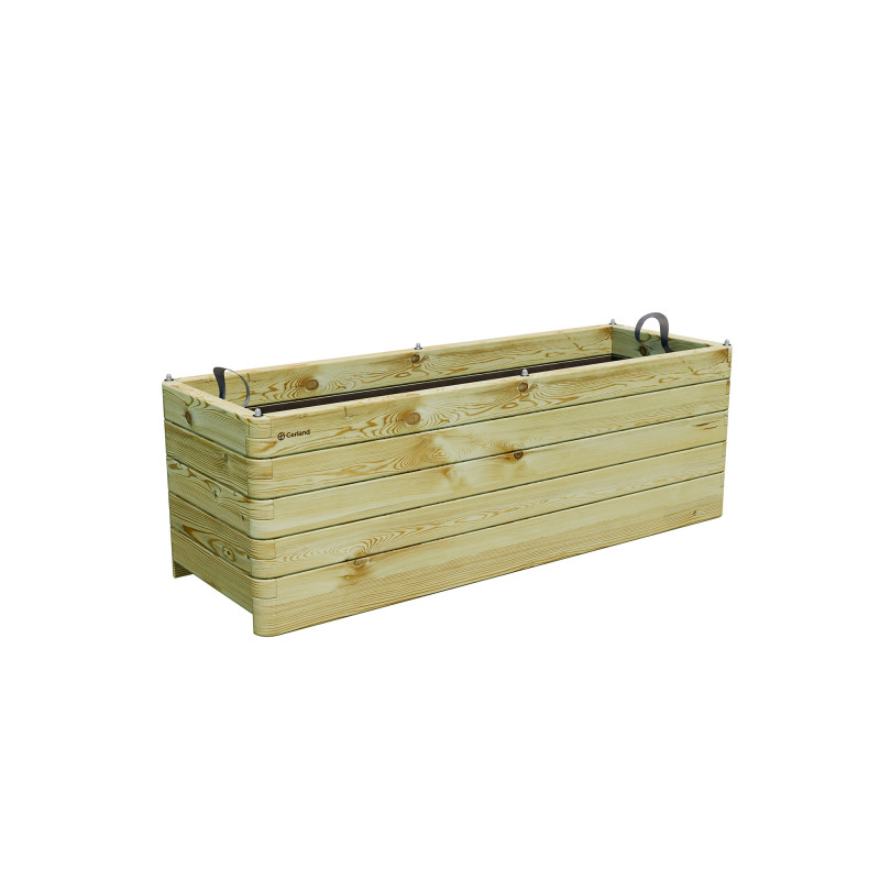 Bac à fleurs rectangulaire en bois à lames horizontales, vue de 3/4