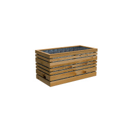 Bac à fleurs rectangulaire avec intérieeur acier et extérieur bois, vue de 3/4