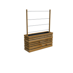 Bac à fleurs en bois rectangulaire avec intérieur en acier galvanisé et treillis intégré vue de 3/4