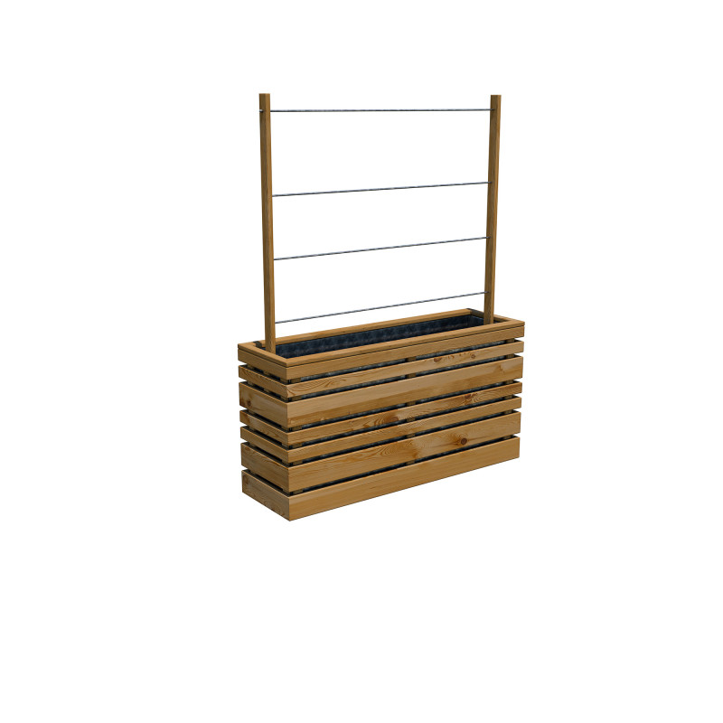 Bac à fleurs en bois rectangulaire avec intérieur en acier galvanisé et treillis intégré vue de 3/4