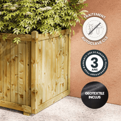 Zoom sur le bac Vendôme avec des icônes indiquant sa garantie, son traitement autoclave et son géotextile inclus