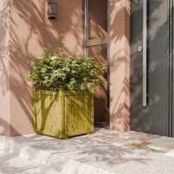 Bac à fleurs Vendôme 138L en situation sur un seuil extérieur de maison, à côté de la porte d'entrée