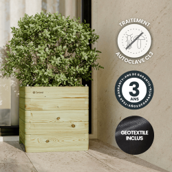 Bac Oléa 61L en situation avec des icônes indiquant le traitement du bois, la garantie et le géotextile inclus