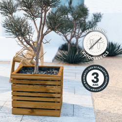 Bac à fleurs lign Z 143L en situation, avec des icônes indiquant sa garantie et son traitement autoclave