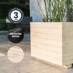 Zoom sur le bac à fleurs Bardane avec icônes signalant sa garantie et son géotextile inclus