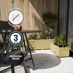Lot de 3 bacs à fleurs Baroque en situation, avec des icônes indiquant la garantie, le traitement et le geotextile inclus