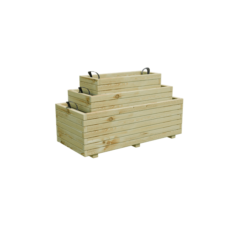 Lot de 3 bacs à fleurs rectangles Baroque, encastrer du plus petit au plus grand, vue de 3/4