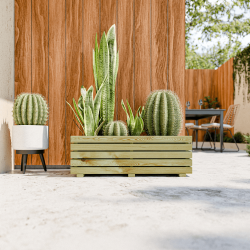 Bac à fleurs rectangle KUB 60L mis en situation sur une terrasse moderne avec des cactus plantés  à l'intérieur