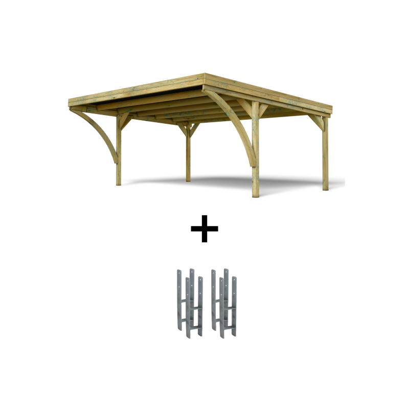Carport double Victor Modern, vue de 3/4 et ses supports H inclus