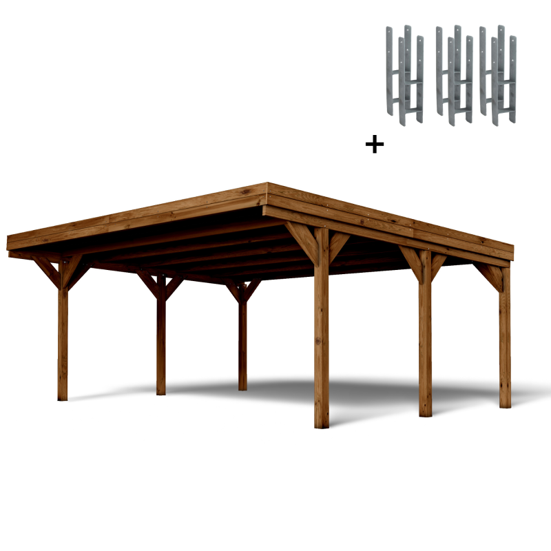Carport double Victor, vue de 3/4 et ses supports en H inclus