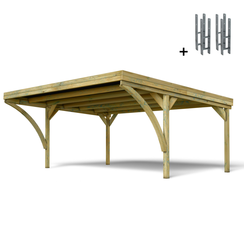 Carport double Victor Modern, vue de 3/4 et ses supports H inclus