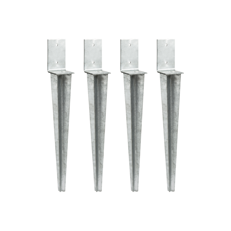4 supports en acier galvanisé à enfoncer sur fond blanc