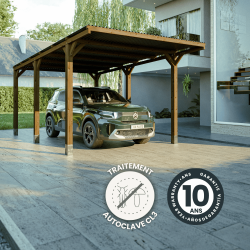 Zoom sur le carport Victor avec des icônes détaillant la garantie et le traitement du produit