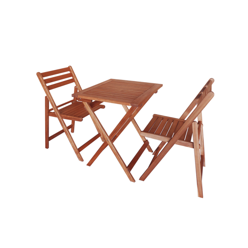 Salon de jardin - une table et 2 chaises en Acacia - Vue de 3/4
