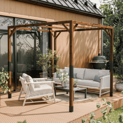 Pergola Solia montée, en situation sur une terrasse, abritant un salon de jardin