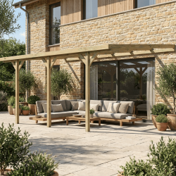 Carport ou pergola adossable Henri, ambiance avec un salon de jardin en dessous, adossé a une maison moderne