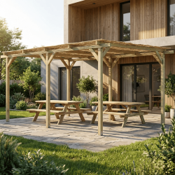 Henri utilisé en pergola, sur la terrasse d'une maison moderne, avec deux tables de pique-nique en dessous