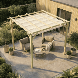 Voile d'ombrage vue du dessus, installée sur une pergola, sur une terrasse abritant une salon de jardin