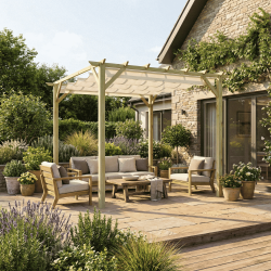 Voile d'ombrage vue de face, installée sur une pergola, sur une terrasse abritant une salon de jardin