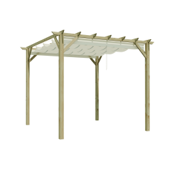 Pergola ANCOLIE avec voile d'ombrage sur fond blanc, vue de 3/4