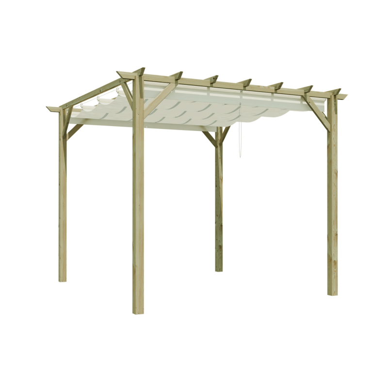 Pergola ANCOLIE avec voile d'ombrage sur fond blanc, vue de 3/4