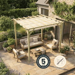 Pergola Ancolie et sa voile d'ombrage en situation avec des icônes indiquant sa garantie et son traitement