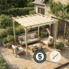 Pergola Ancolie et sa voile d'ombrage en situation avec des icônes indiquant sa garantie et son traitement