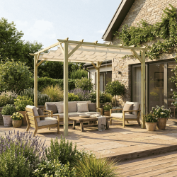 Pergola Ancolie et sa voile d'ombrage en situation sur une terrasse, abritant un salon de jardin