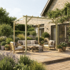 Pergola Ancolie et sa voile d'ombrage en situation sur une terrasse, abritant un salon de jardin