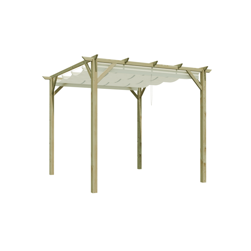 Pergola PATAGONIE avec voile d'ombrage sur fond blanc, vue de 3/4