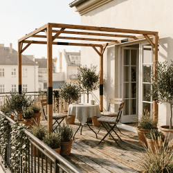 Pergola Solia montée, en situation sur un balcon, abritant une table et deux chaises