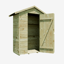 Armoire de jardin LEO vue de face avec la porte ouverte et la vue sur les rangements à l'intérieur