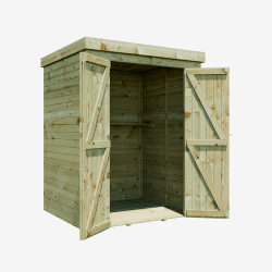 Armoire de jardin THEOFIL vue de 3/4 avec les deux portes ouvertes et la vue sur les rangements à l'intérieur