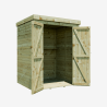 Armoire de jardin THEOFIL vue de 3/4 avec les deux portes ouvertes et la vue sur les rangements à l'intérieur