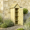 Armoire de jardin OPALE en situation dans un jardin, la porte ouverte montre les étagères