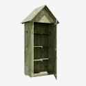 Armoire de jardin WISSANT vue de 3/4 avec la porte ouverte et la vue sur les rangements à l'intérieur