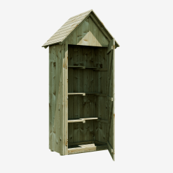 Armoire de jardin WISSANT vue de 3/4 avec la porte ouverte et la vue sur les rangements à l'intérieur