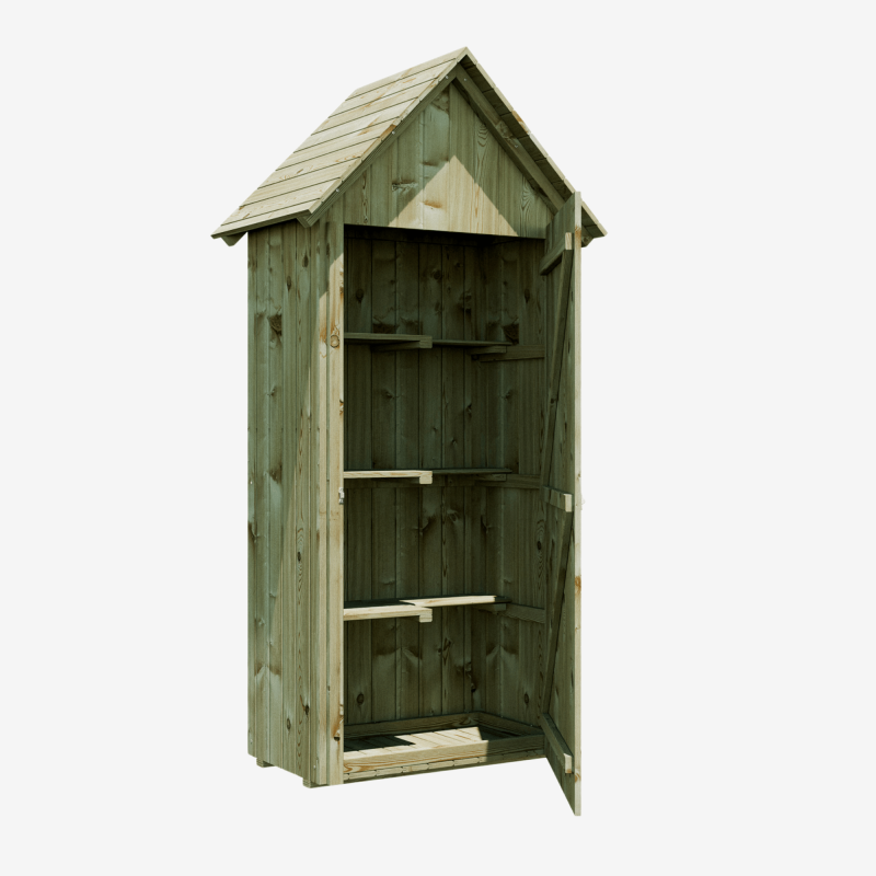 Armoire de jardin WISSANT vue de 3/4 avec la porte ouverte et la vue sur les rangements à l'intérieur