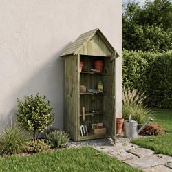 Armoire de jardin WISSANT en situation en extérieur, contre un mur, la porte ouverte montre les étagères remplies