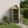 Armoire de jardin WISSANT en situation en extérieur, contre un mur, la porte ouverte montre les étagères remplies