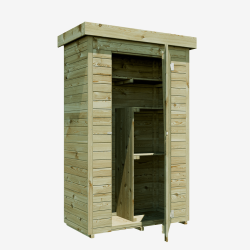 Armoire de jardin THEO vue de 3/4 avec la porte ouverte et la vue sur les rangements à l'intérieur