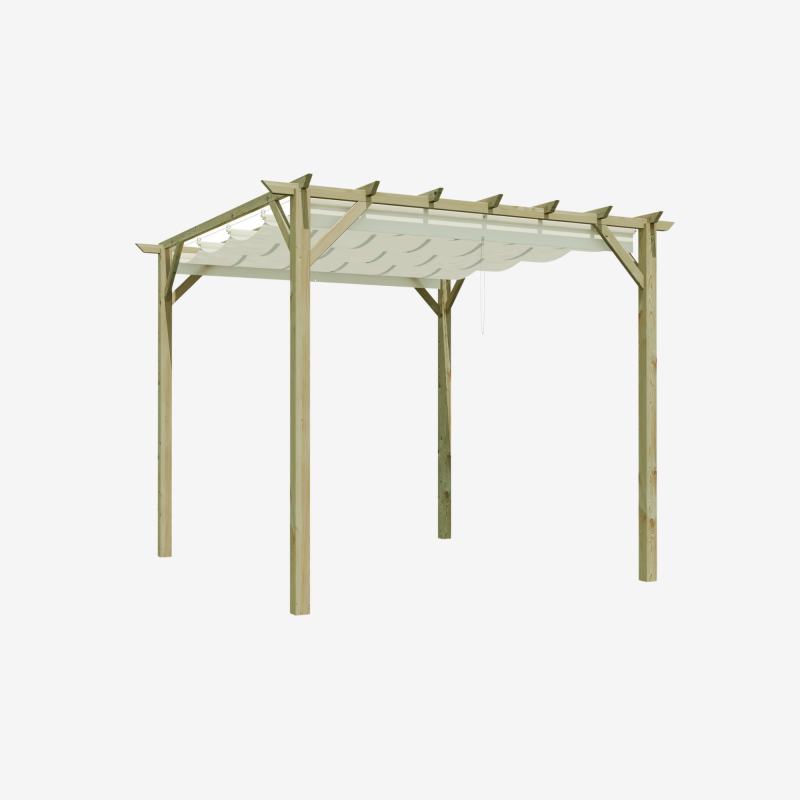 Pergola ANCOLIE avec voile d'ombrage sur fond blanc, vue de 3/4