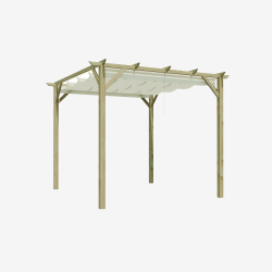 Pergola PATAGONIE avec voile d'ombrage sur fond blanc, vue de 3/4
