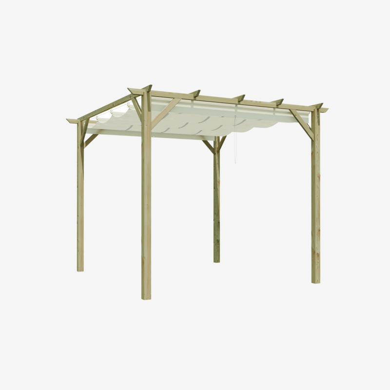 Pergola PATAGONIE avec voile d'ombrage sur fond blanc, vue de 3/4